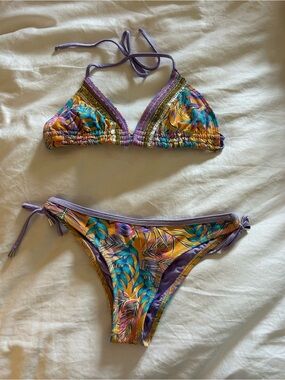 Purple Tropical Print Triangle Bikini Top and Bottom Set